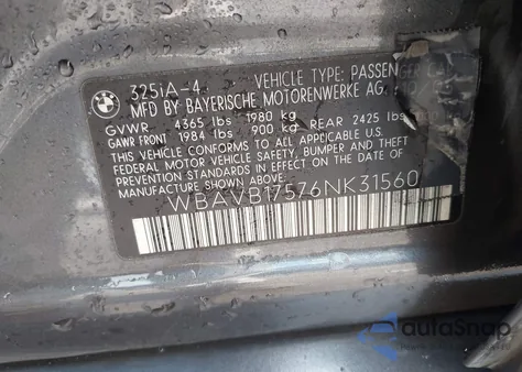 2006 BMW 325I z USA, uszkodzony, nr VIN WBAVB17576NK31560